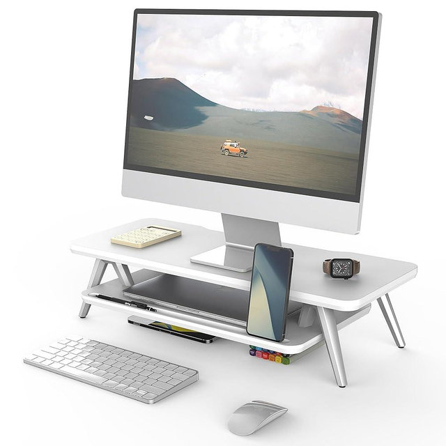 Fenge Monitor Stand, Monitor Stands Riser for Desk, 23.6 Inch Wood Desk Shelf with Storage Organizer and Cable Management for Office Desk Accessories
