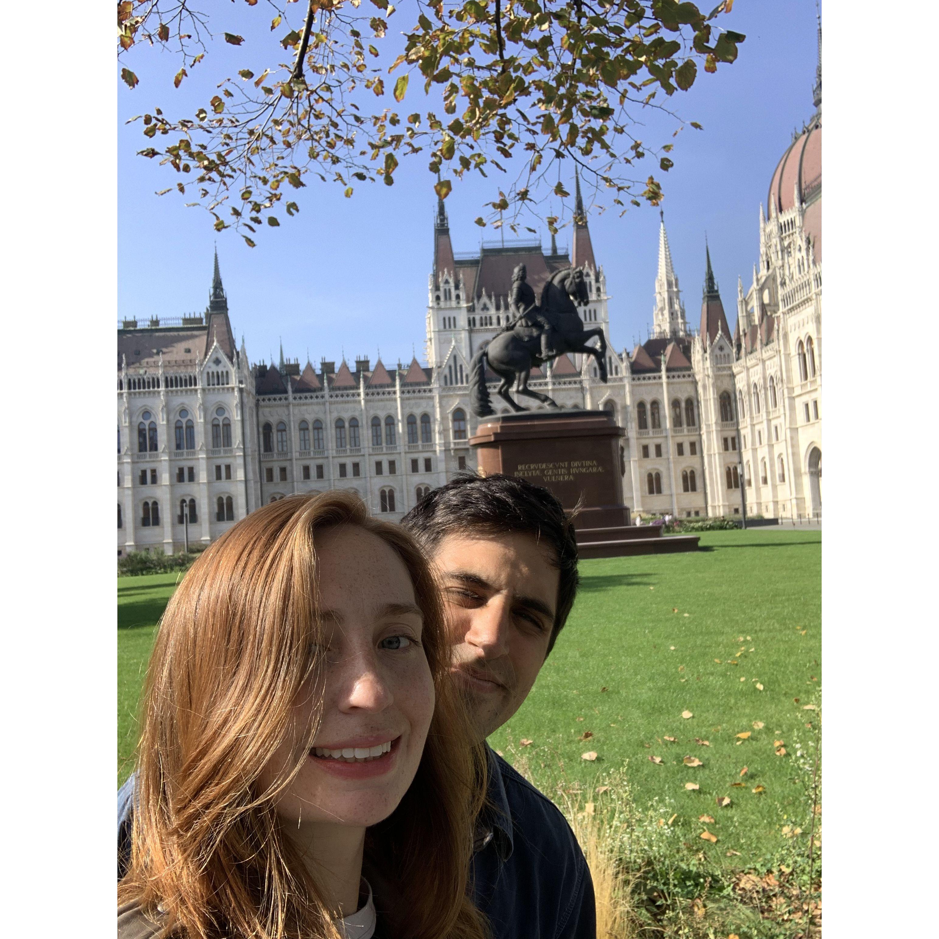 Outside of the Hungarian Parliament. Viktor Orbán is reprehensible but look how nice Caitlin's hair looks