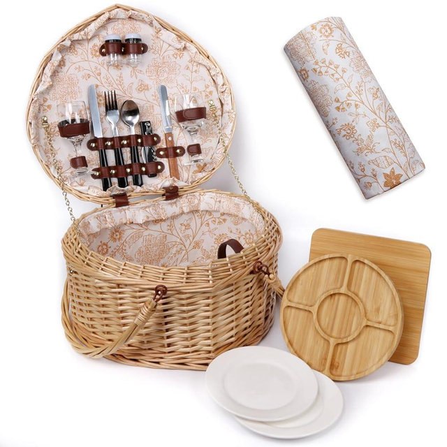 Hap Tim Heart Wicker Picnic Basket for 2 Person Set with Blanket & Bamboo Plate & Cheese Board, Couples Gifts, Wedding Gifts, Engagement Gifts (Y2405)