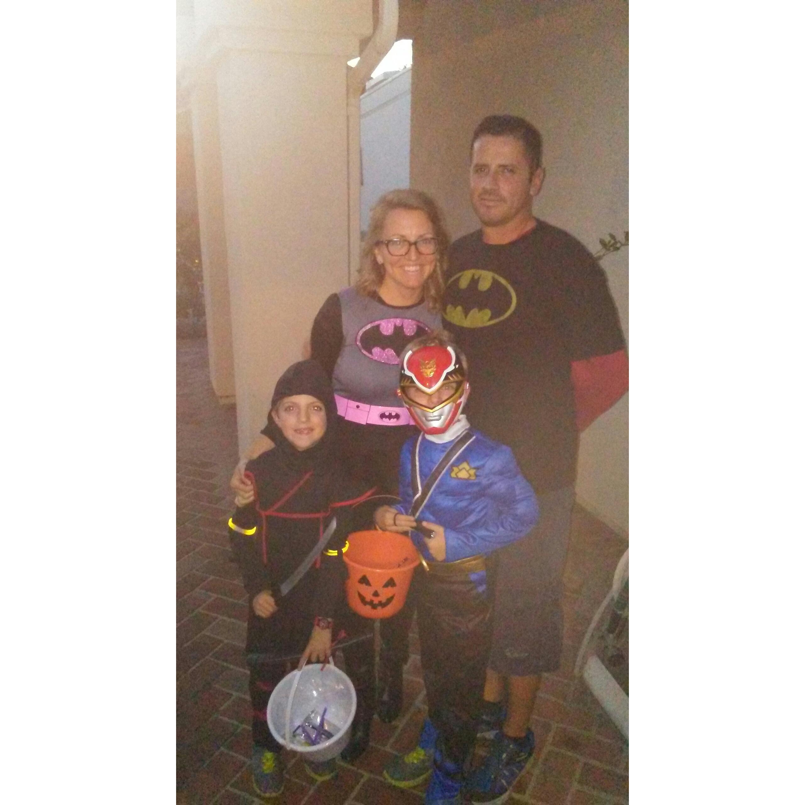 Our first Halloween together. I told him we all needed a costume. He agreed to a Batman t-shirt. 😊
