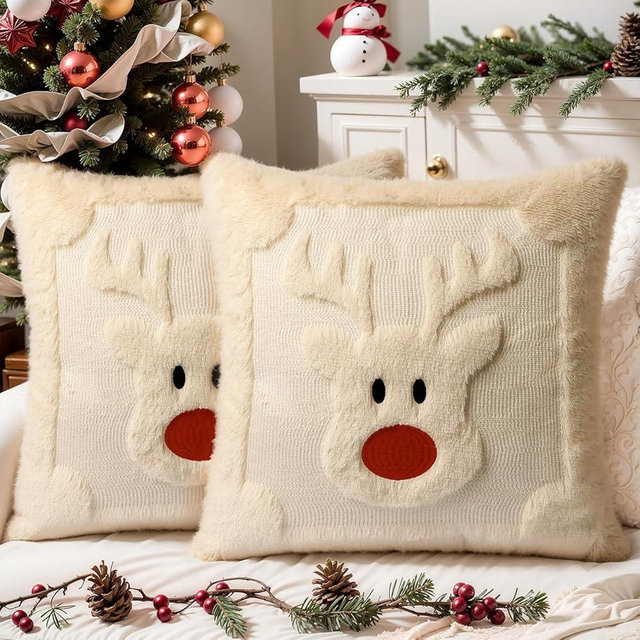 SEGXCFL Christmas Pillow Covers Set of 2 Soft Plush Faux Fur Pillow Cases 3D Embroidered Decorative Couch Cover Home Decor Christmas Throw Pillow Covers 18x18,Beige Reindeer