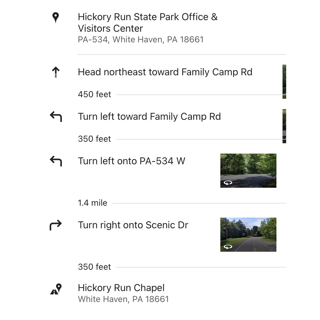 Directions from the visitor center to the chapel.