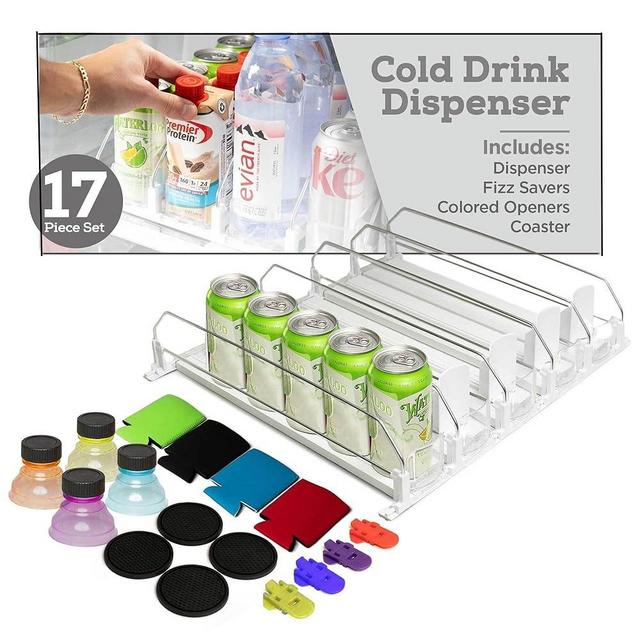 Drink Organizer for Fridge - [Automatic Self Pushing Glider] - Soda Can Dispenser for Refrigerator - 5 Width Adjustable Rows 15” D - Holds 25 Cans - Great for Fridge Organization