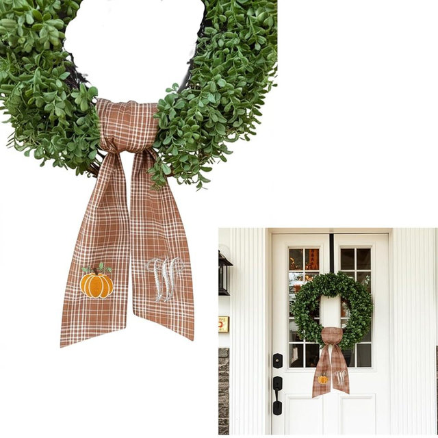 Autumn Door Wreath Sash Embroidered with White Letters and Pumpkins On A Plaid Wreath Sash Ideal for Housewarming Gifts, Autumn Thanksgiving, Halloween, and Christmas Porch Decorations -W