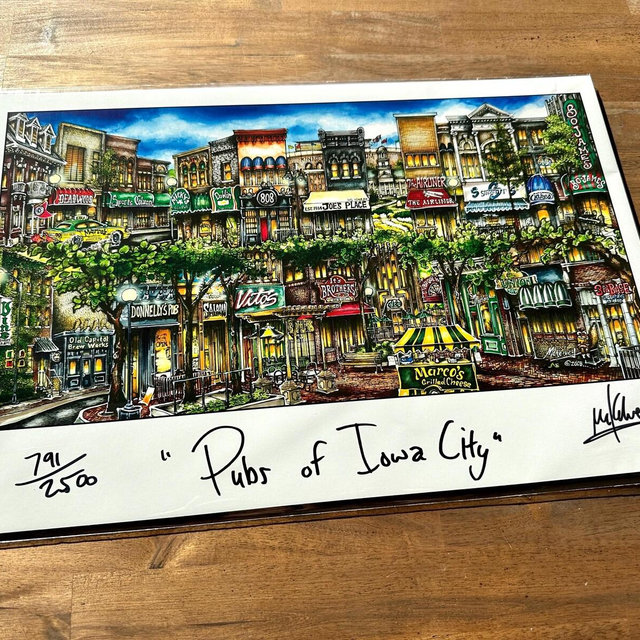 Pubs of Iowa City Iowa College University Alumni Sports Limited Edition Lithograph Print by Pubsof Your Town Brian McKelvey