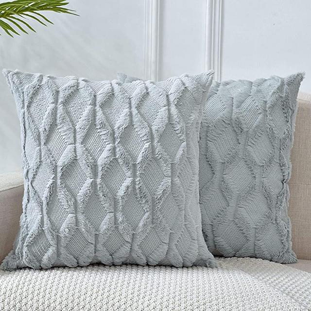 LHKIS Throw Pillow Covers 20x20, Gray Decorative Boho Pillow Case Cushion Cover with Velvet Luxury Soft Plush Short Wool for Couch Sofa Bedroom Car, Set of 2