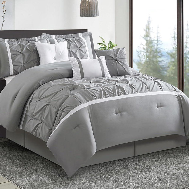 LANCO MODERN LIFESTYLE Grey Comforter Set, Queen, 7 Piece Bed in a Bag, Microfiber Handcrafted Pintucking, All Season Bedding Set with Comforter, Bedskirt, Pillow Shams and Decro Pillows