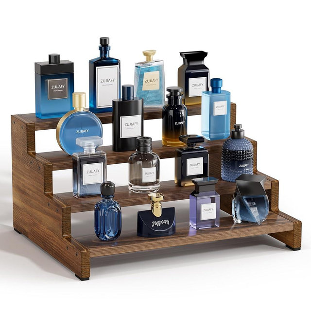 ZUJJAFY Cologne Organizer for Men, 4 Tier Wooden Cologne Stand Mens Fragrance Shelf, Tiered Wood Risers Display Stands for Perfume, Cupcake, Figures, Dessert, Brown