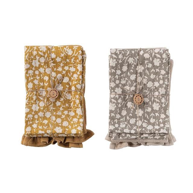Creative Co-Op Cotton Decorative Beautiful Flower Prints and Jute Rope for Dining and Kitchen, Yellow and Grey, Set of 2 Tea Towels