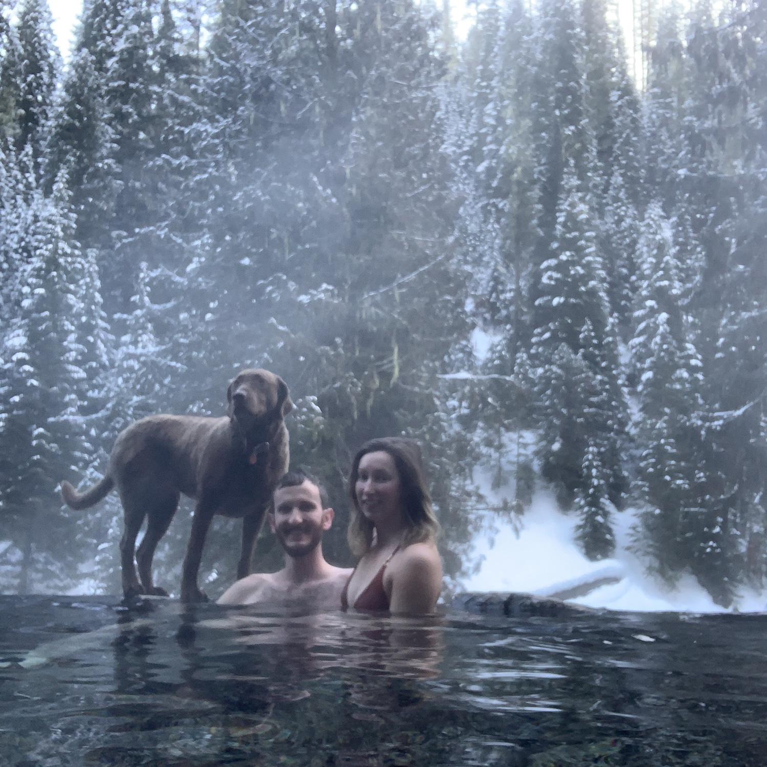 Relaxing at one of our favorite hot springs, Weir hot springs in Idaho. January 2023