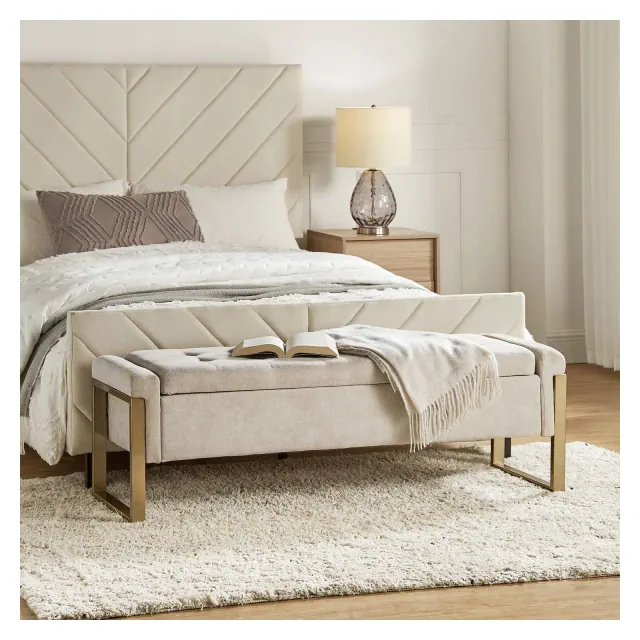 Octavio Modern Upholstered Flip Top Storage Bench with Metal Legs|ART OF LIVING DESIGNS-BEIGE