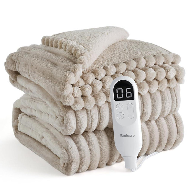 Bedsure Electric Blanket Twin - Thick Striped Flannel Electric Blanket, Heating with 10 Time Settings, 6 Heat Settings, and 8-Hour Timer Auto Shut Off, Gift for Grandma (62x84 inches, Linen)