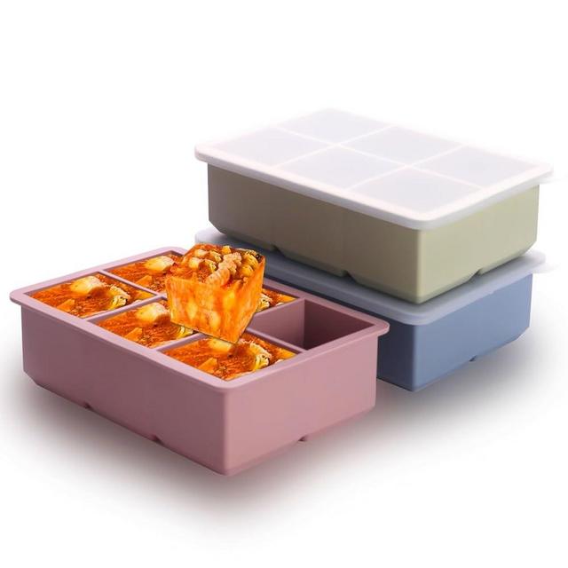 BECOKIT 1/2 Cup Silicone Freezer Tray With Lid,Silicone Freezer Molds 3-Pack For meal prep & freezing of various sauces and other dishes, makes 18 perfect 1/2 cup portions cubes (Multicolor 3 Pack)