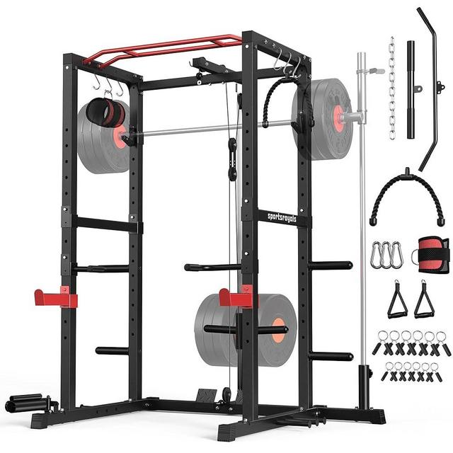 Sportsroyals Power Rack, Multi-Functional Power Cage with LAT Pulldown Pulley System, Squat Rack with More Training Attachments for Home Gym (Red)，1200 lbs Weight Capacity