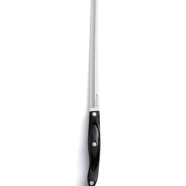 CUTCO Model 1724 Slicer...........9.8" High Carbon Stainless Double-D (DD) serrated blade.......5.7" Classic Brown handle (sometimes called black)...........in factory-sealed plastic bag.