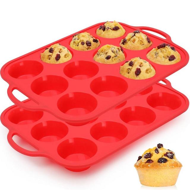 CAKETIME Silicone Muffin Pan, Metal Reinforced Frame Silicone Cupcake Pan Regular Size 12 Cups Nonstick Muffin Tins for Baking Easy to Move 2 Pack Red