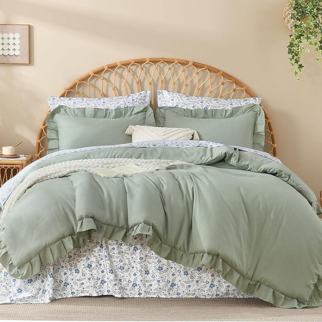 Litanika King Size Comforter Sets - 7 Pieces Ruffle Sage Green Bed in a Bag, Soft Farmhouse Bedding Sets with Ruffled Comforter, Floral Sheets, Pillowcases & Shams