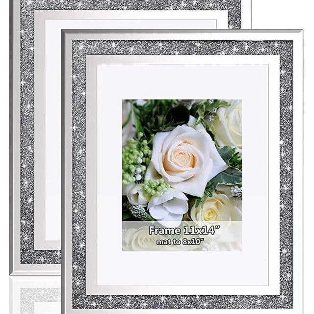 Crushed Diamond Wedding Mirror Photo Frame, Crystal Silver Glass Picture Frame For Photograph Size 11x14 inch With Mat for 8x10inch, Pack of 2 Pieces Wall Frame. Bling Sparkle Crushed Diamond Home Decor.
