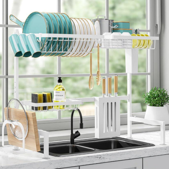 Sakugi Dish Drying Rack - Large Over The Sink Dish Drainer Drying Rack (26.8" to 33.9" W), Large Capacity Stainless Steel Dish Rack, Multifunctional Kitchen Organizers and Storage Rack, White