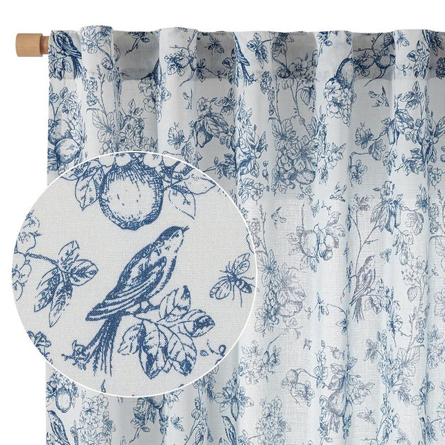 Vangao Linen Floral Curtains for Living Room 84 Inch Length Toile Blue and White Drapes French Country Back Tab Light Filtering Printed Farmhouse Bedroom Rod Pocket Window Treatments 2 Panels