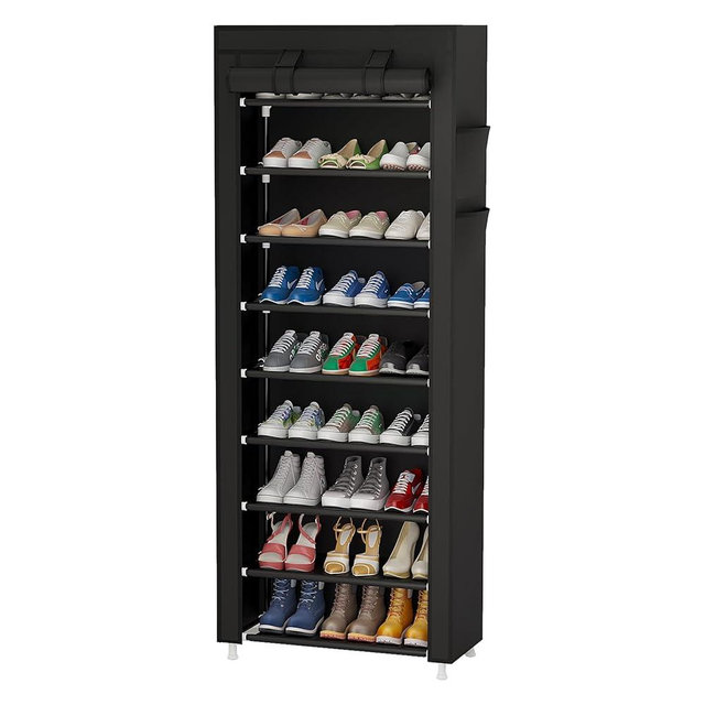 Calmootey 9 Tier Shoe Rack Organizer,Portable Shoe Shelf with Nonwoven Fabric Cover for Closet Hallway,Bedroom,Entryway,Black