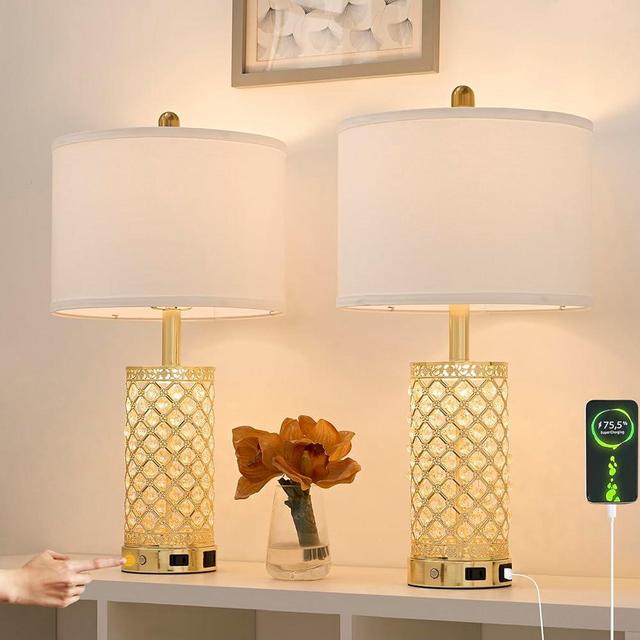 SAIWEYA 24" Modern Crystal Table Lamp Set of 2-Gold Bedroom Lamps 3-Way Dimmable Touch Lamp with Night Light, 2 USB Ports + AC Outlet Bedside Night Stand Lamp for Living Room Office (Gold-2 Pack)