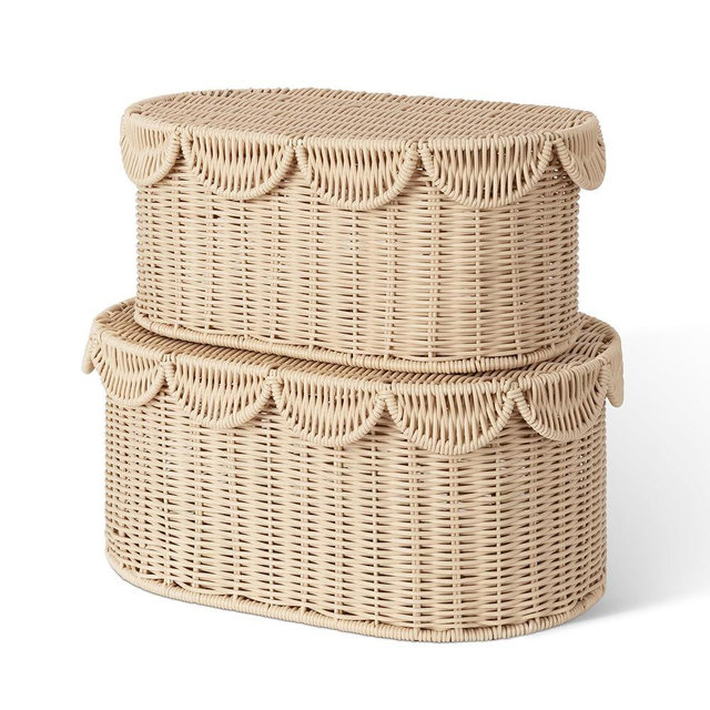 GRANNY SAYS Plastic Scalloped Basket with Lids, Woven Wicker Baskets for Organizing, Decorative Boxes with Scalloped Edge, Waterproof Wicker Box for Shelves, Bathroom, Living Room