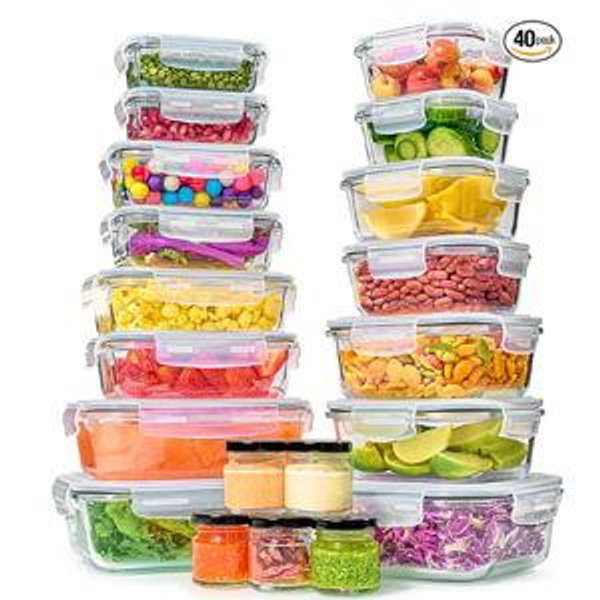 40pc Set Glass Food Storage Containers & Bowls with Airtight Lids - Leakproof BPA-Free Meal Prep Airtight Stackable Lunch Boxes, Kitchen Pantry & Storage Organizers - Microwave Freezer Dishwasher Safe