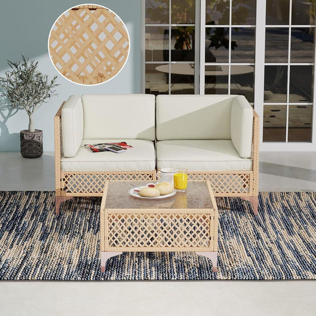 LQFATEST 3 Piece Patio Furniture Set, Wicker Outdoor Sectional Couch Set, Bohemia Porch Furniture 2 Seater with Lumbar Pillows, Outdoor Sofa with Large Coffee Glass Table for Patio, Balcony