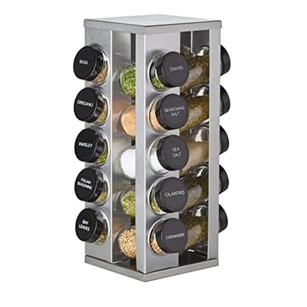 Kamenstein 20 Jar Heritage Revolving Countertop Spice Rack Organizer with Spices Included, FREE Spice Refills for 5 years, Brushed Stainless Steel with Black Caps