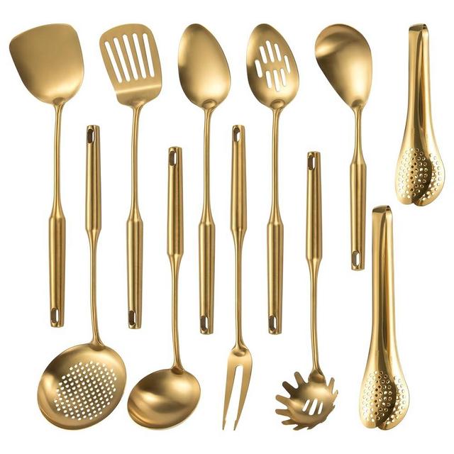 304 Stainlss Steel Matte Kitchen Utensils Set, 11 Pcs Long Metal Cooking Utensil Gadgets Tools Set with Spatula, Spoon, Ladle, Skimmer, Tunner, Pasta Server, Tongs(Gold, Dishwasher Safe)