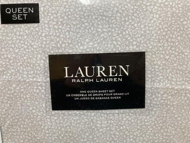 Lauren Ralph Lauren Fog Leaf Floral 4P Extra Deep Queen Sheet Set Crisp Cotton Cream tan Grey