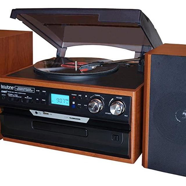 Boytone BT-24MB Bluetooth Classic Style Record Player Turntable with AM/FM Radio, CD/Cassette Player, 2 Separate Stereo Speakers, Record from Vinyl, Radio, and Cassette to MP3, SD Slot, USB, AUX.