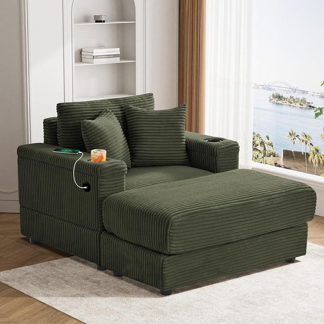 Oversized Chaise Lounge Chair Indoor with USB & Cup Holder, Solid Wood Frame Corduroy Sofa Couch Chair with Ottoman Reading Gaming Chair for Living Room, Apartment, Study Room, Playroom - Green
