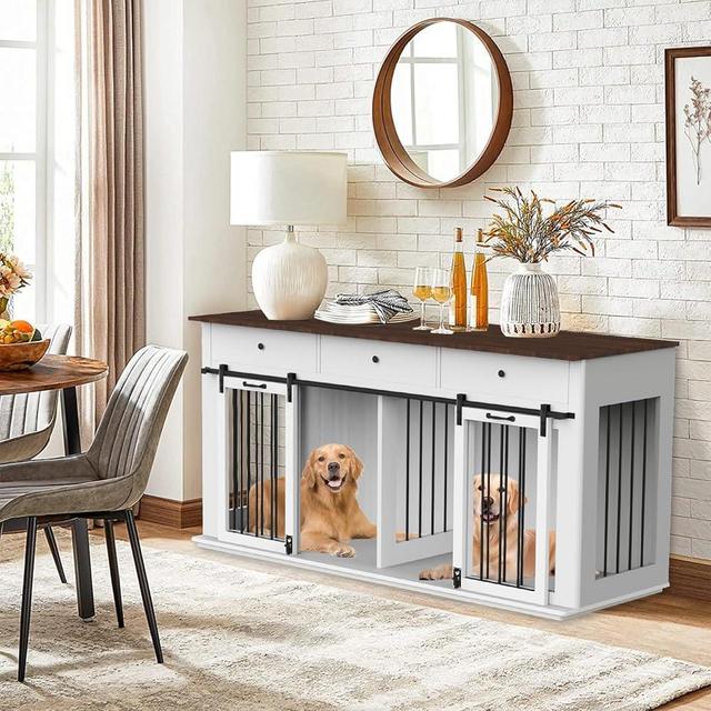 RQZ Double Dog Crate Furniture for 2 Dogs Heavy Duty Wood Dog Cage Table with 3 Storage Drawers and Removable Divider Dog Kennel Indoor for Medium Large Dogs(72" L x 24" W x 35" H)
