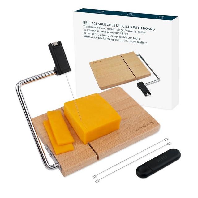 KITCHENDAO Replaceable Wire Cheese Slicer with Board,Tightness Adjustable Cheese Slicer,Beech Wood Cheese Cutter for Block Cheese,Easy to Replace,with 2 Extra Upgrade Strong Wires
