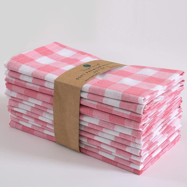 FINGERCRAFT Cloth Napkins, Everyday Use, Premium Quality, Cotton Buffalo Plaid, Set of 12, 20X20 Inch Oversized Napkins Cloth Mitered Corners, Soft, Durable Hotel Quality Pink White Checkered