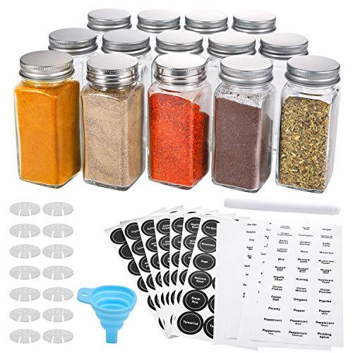  AOZITA 4 Pack Spice Rack with Jars, 25 Glass Spice Jars,  Hanging Spice Rack for Cabinet, Space Saving Rustic Wood Floating Shelves -  Spice Labels Chalk Marker and Silicone Collapsible Funnel