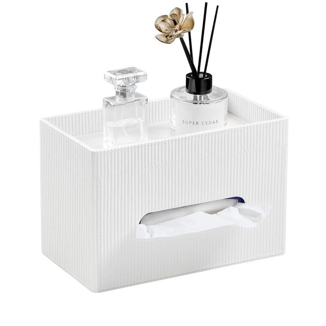 Cretkhp Tissue Box Cover Rectangle with Storage Tray, PU Leather Tissue Holder for Bathroom Vanity Countertop Night Stands Bedroom Office Desk, Stylish Rectangular Tissue Box Holder (Ivory)