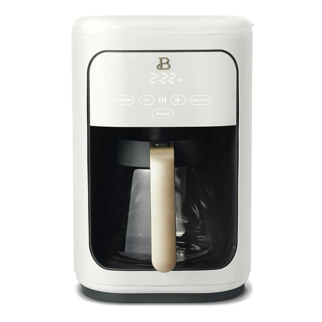 Beautiful by Drew Barrymore 14-Cup Programmable Drip Coffee Maker, Touch-Activated Display, Fast 14-Min Brew, Bold Strength, Keep Warm 4hrs, Gold Filter (White Icing)