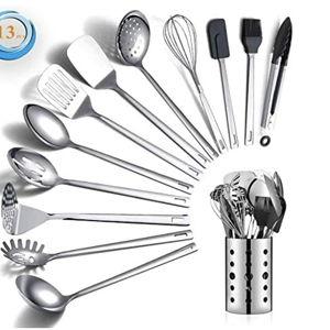 Stainless Steel Cooking Utensils Set, Berglander 13 Pieces Kitchen Utensils Set, Kitchen Tools Set With Utensil Holder Non-Stick And Heat Resistant,Dishwasher Safe, Easy to Clean (13 Packs)