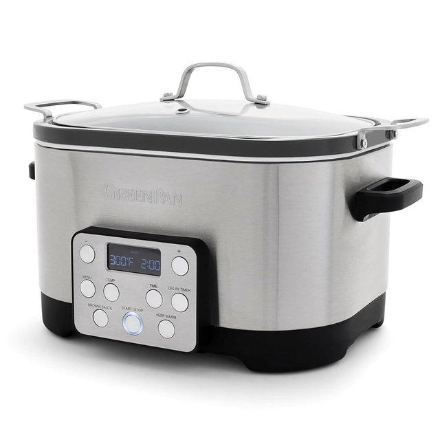 GreenPan Electric 6QT Slow Cooker with Lid, Ceramic Nonstick PFAS-Free Removable Pot, 5-in-1 Multifunction Design, In-Pot-Browning, Keep Warm, Dishwasher & Oven Safe Inner Bowl, Stainless Steel