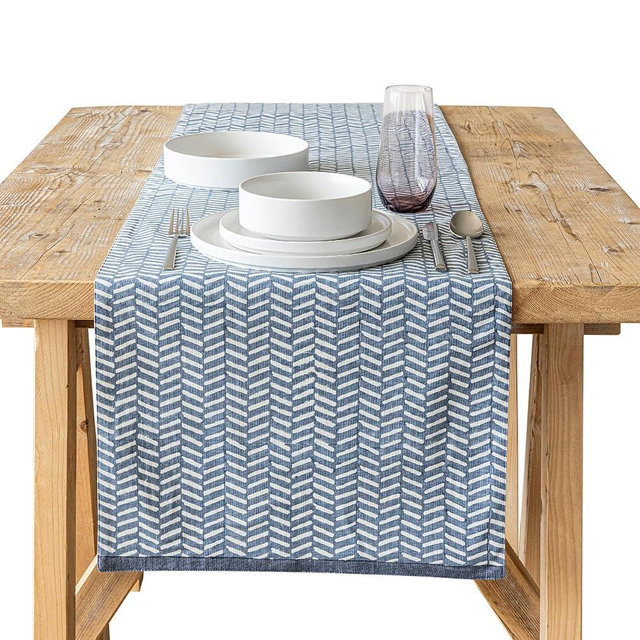 over&back 18x108 Hand-Blocked Printed Cotton Table Runner - Washable Table Runners for a Custom Home Decor Tablescape - Perfect for Coffee Table, Dinner Table, Living Room, and More - Blue Herringbone