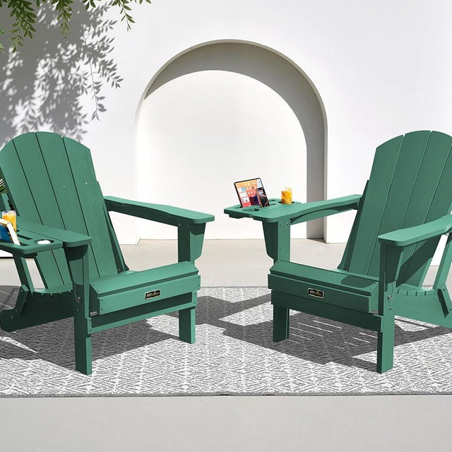 SERWALL Folding Adirondack Chair Set of 2, HIPS Adirondack Chairs with 4 in 1 Cup Holder, Weather Resistant Plastic Chairs for Patio Garden Outdoors Fire Pit - Green