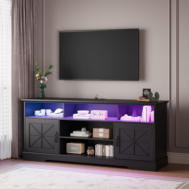 Wodeer Black TV Stand for TVs up to 65 Inches, 59'' Farmhouse Entertainment Center with Storage Cabinet, Adjustable Shelf and Power Outlet, LED TV Stands for Living Room, Bedroom
