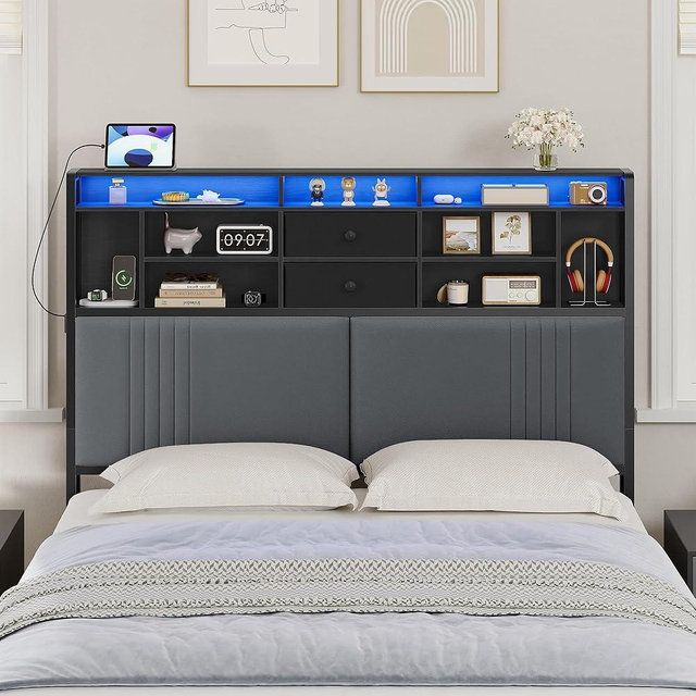 Hzuaneri Headboard with 3-Tier Storage Shelves, Velvet Upholstered Headboard with Outlet, 2 USB Ports & LED Light, Headboards Queen Size Bed with Two Fabric Drawers, Black and Dark Gray, BH42004B