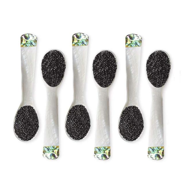 DUEBEL Set of 6 Mother of Pearl MOP Caviar Spoons with Green Abalone Decoration for Caviar, Egg, Icecream, Coffee Serving (White, 9x2.4cm)