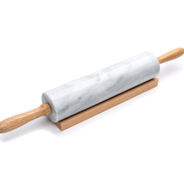 Fox Run Polished Marble Rolling Pin with Wooden Cradle, 10-Inch Barrel, White