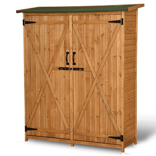 Mcombo Outdoor Wooden Storage Shed Utility Tools Organizer Garden Lawn with Lockable Double Doors 6056-1400 (Natural)