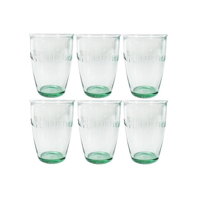 Amici Home Italian Euro Milk Recycled Green Glass Drinking Glassware with Green Tint, Embossed Milk Beverages Motif, Set of 6,13-Ounce
